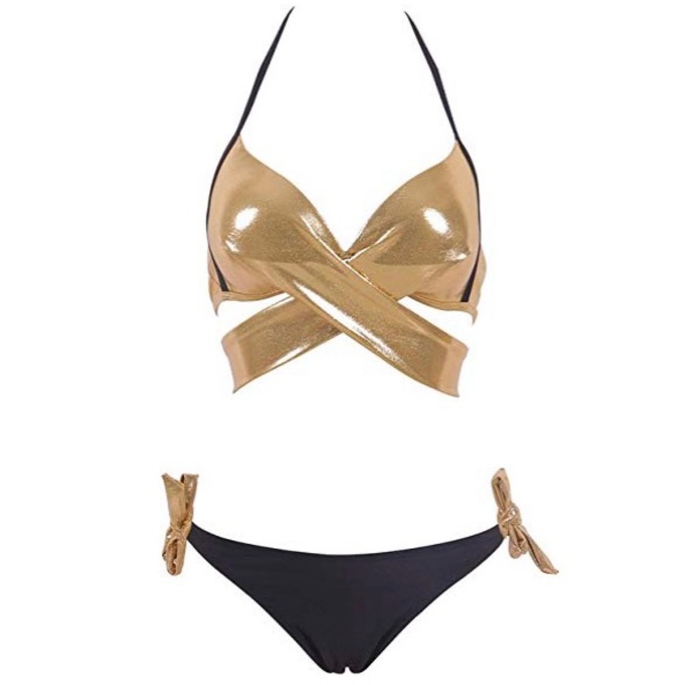 Gold/Black halter push up top bikini - Picture 4 of 7